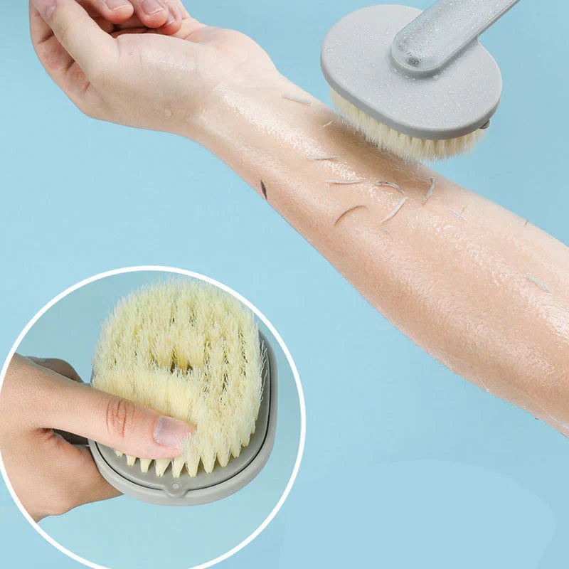 "Brosse de bain ergonomique longue, poils doux, manche antidérapant, facilitant le nettoyage corporel complet sous la douche.