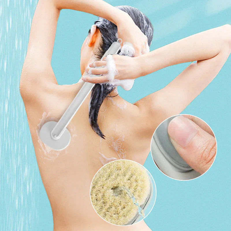"Brosse de bain ergonomique longue, poils doux, manche antidérapant, facilitant le nettoyage corporel complet sous la douche.