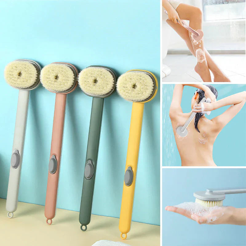 "Brosse de bain ergonomique longue, poils doux, manche antidérapant, facilitant le nettoyage corporel complet sous la douche.