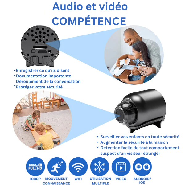 "Caméra de surveillance compacte Full HD 1080p pour enfants, design discret et objectif ultra grand angle 160°."