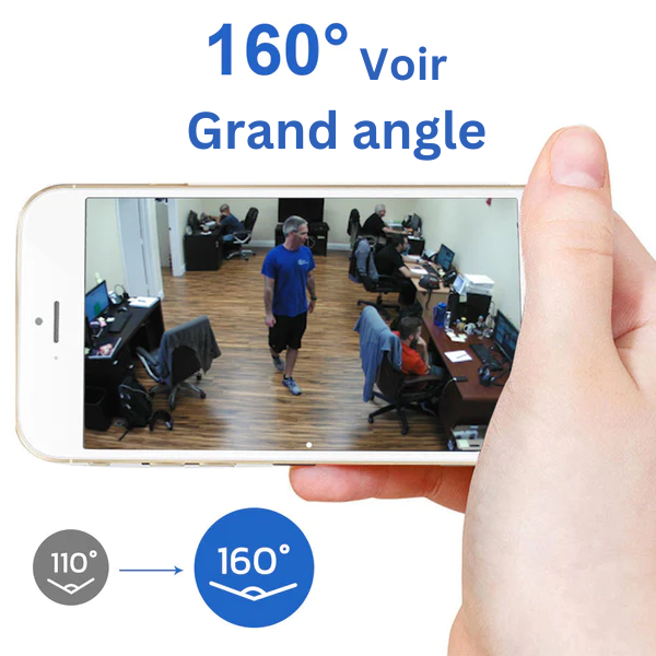 "Caméra de surveillance compacte Full HD 1080p pour enfants, design discret et objectif ultra grand angle 160°."