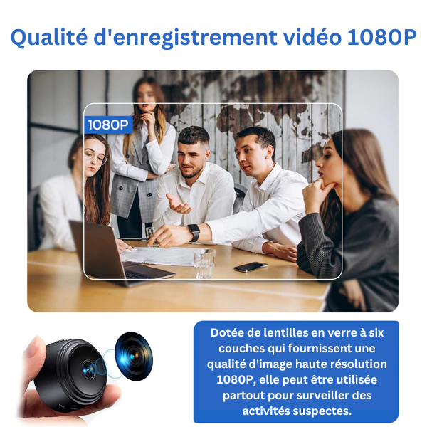 "Caméra de surveillance compacte Full HD 1080p pour enfants, design discret et objectif ultra grand angle 160°."
