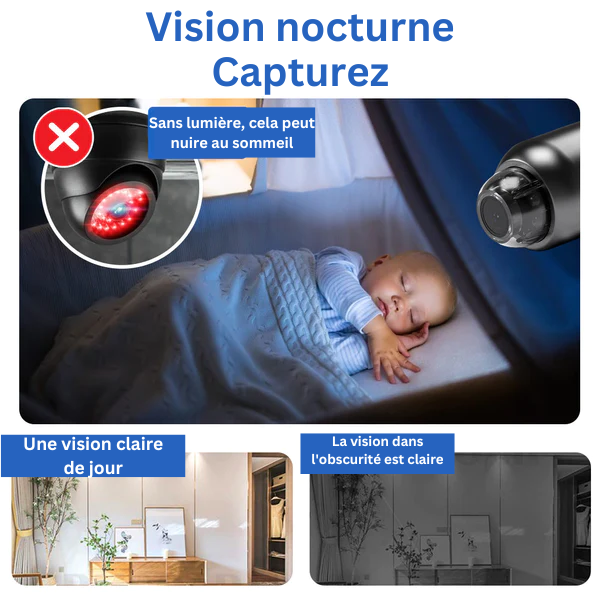 "Caméra de surveillance compacte Full HD 1080p pour enfants, design discret et objectif ultra grand angle 160°."