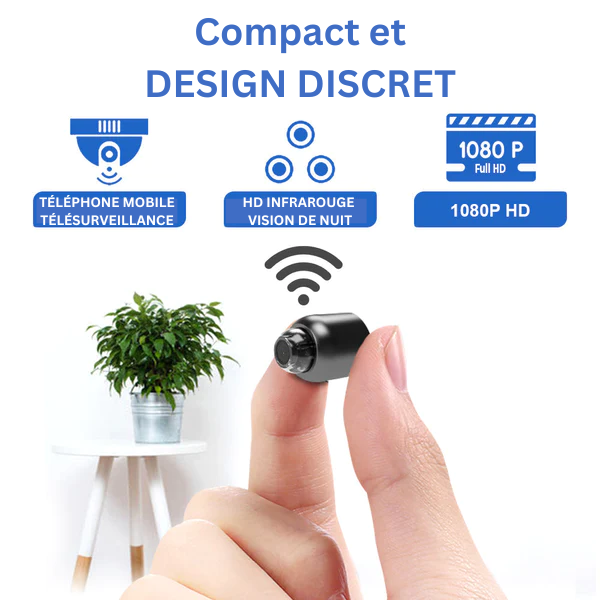 "Caméra de surveillance compacte Full HD 1080p pour enfants, design discret et objectif ultra grand angle 160°."