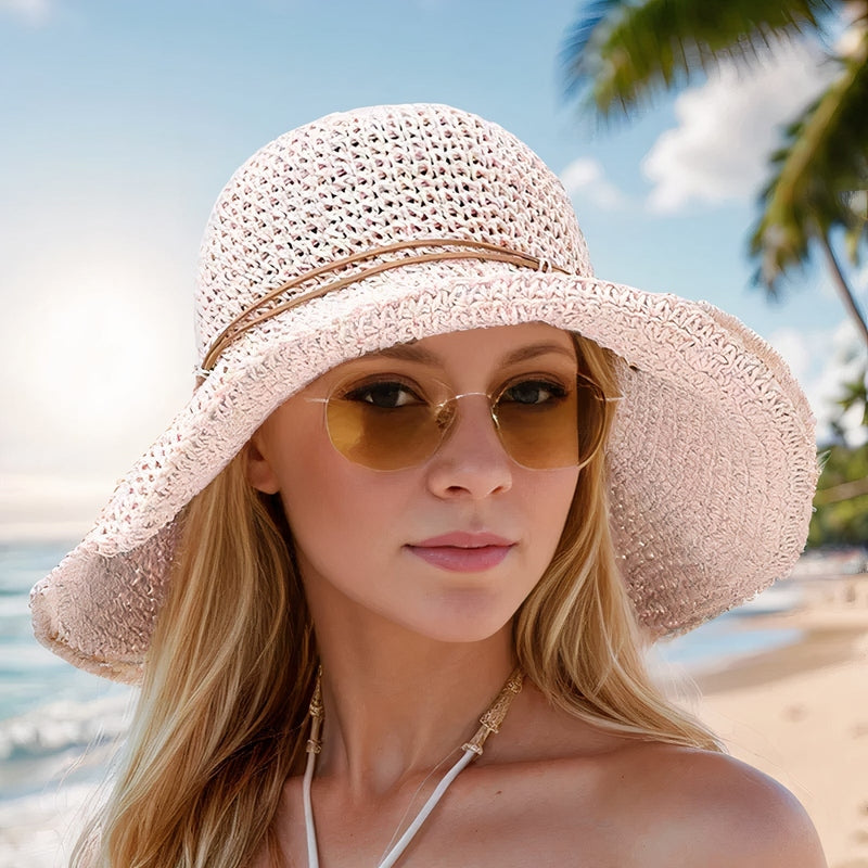Chapeau de soleil pliable en paille, large bord, beige, élégant et fonctionnel, idéal pour l'été et protection solaire.