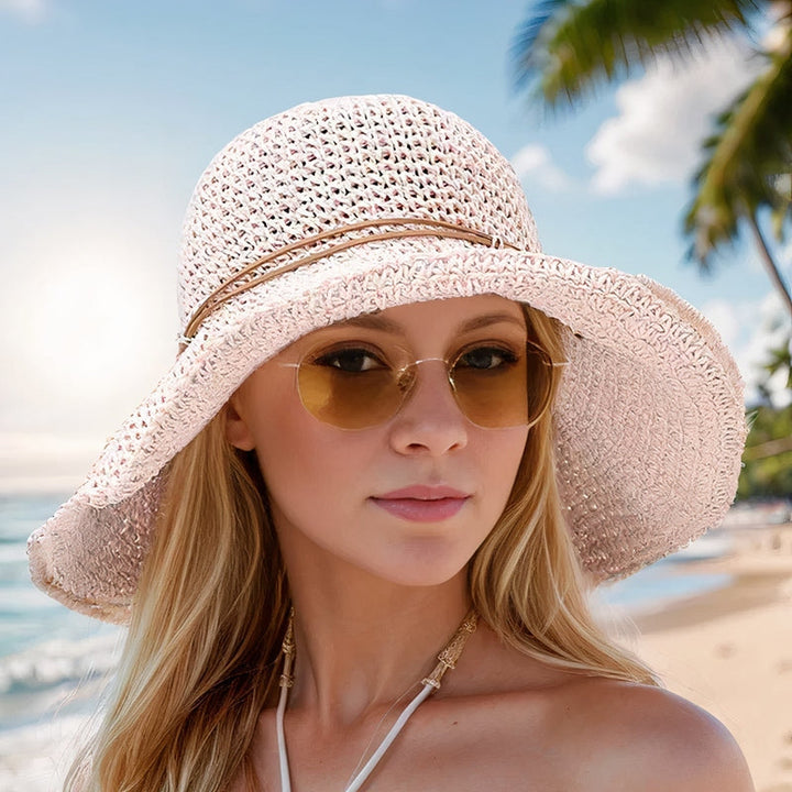 Chapeau de soleil pliable en paille, large bord, beige, élégant et fonctionnel, idéal pour l'été et protection solaire.