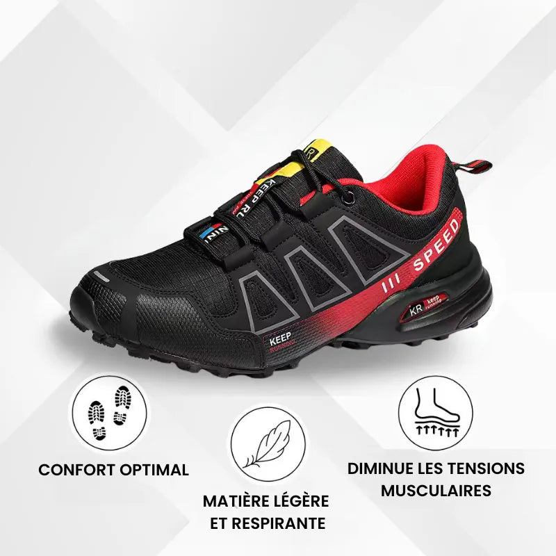 "Chaussures de randonnée hommes, semelle amortissante, confort orthopédique, couleur noire, terrain montagneux"