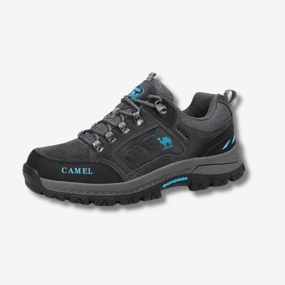 "Chaussures de randonnée imperméables pour homme, semelle antidérapante, couleur gris, idéale pour aventures extérieures."