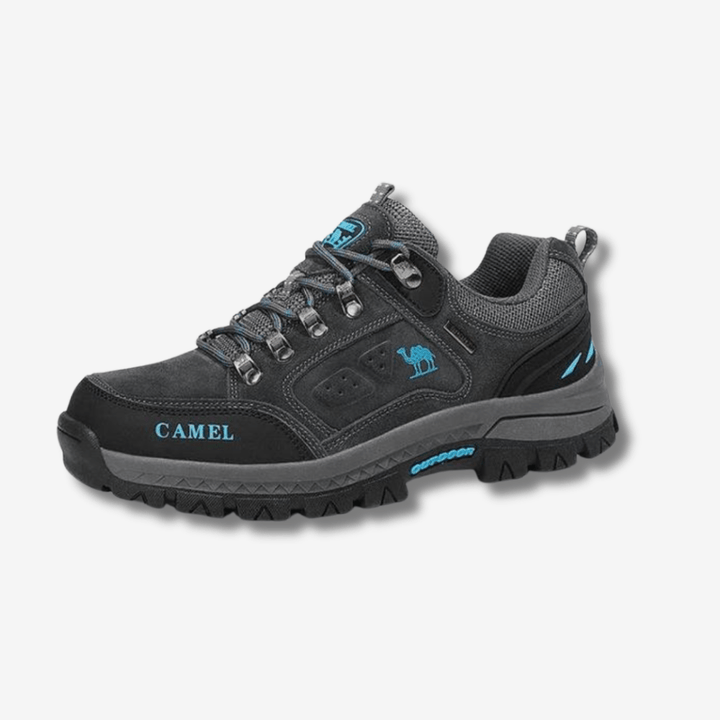 "Chaussures de randonnée imperméables pour homme, semelle antidérapante, couleur gris, idéale pour aventures extérieures."
