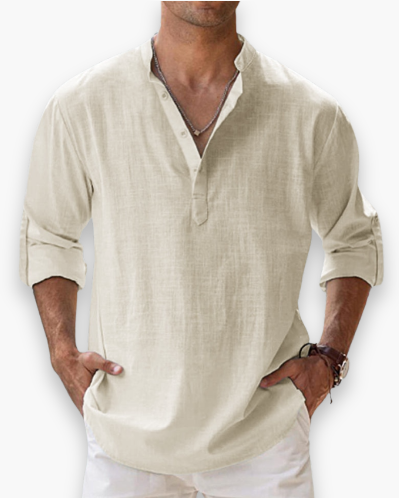 "Chemise décontractée homme, légère, respirante, en tissu ample, teinte bleue, parfait pour l'été et le confort quotidien."