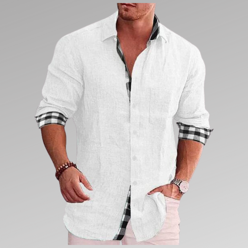"Chemise en lin bleu clair pour homme, col et manchettes à carreaux, élégante et confortable pour l'été"