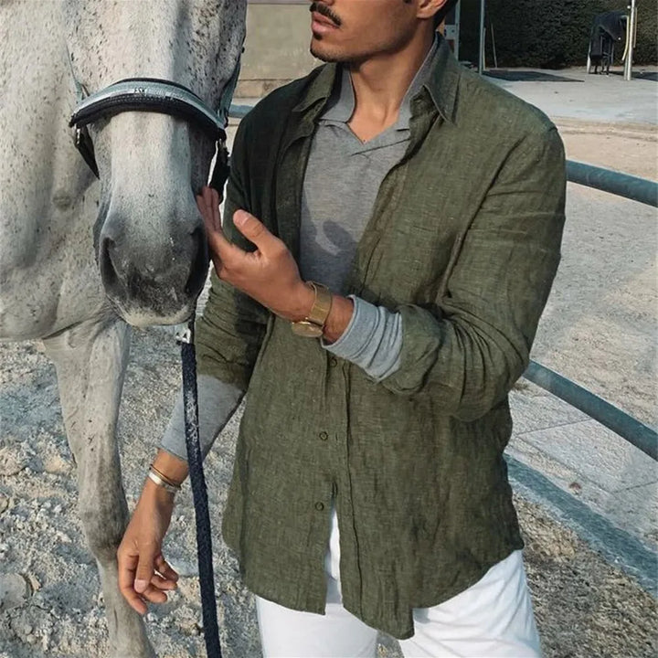 "Chemise en lin décontractée pour hommes, beige, manches longues, col classique, style élégant et respirant"