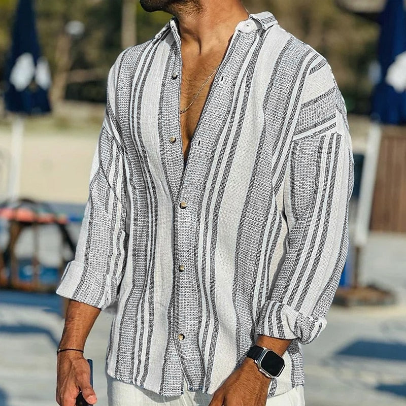"Chemise en lin rayée pour homme, élégante et confortable, design intemporel, idéale pour un look professionnel ou décontract