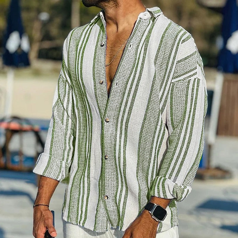 "Chemise en lin rayée pour homme, élégante et confortable, design intemporel, idéale pour un look professionnel ou décontract