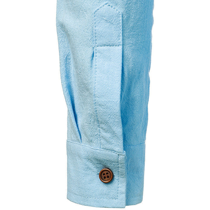 "Chemise en lin vintage manches longues homme, style élégant et décontracté, couleur bleu clair, idéale toutes saisons"