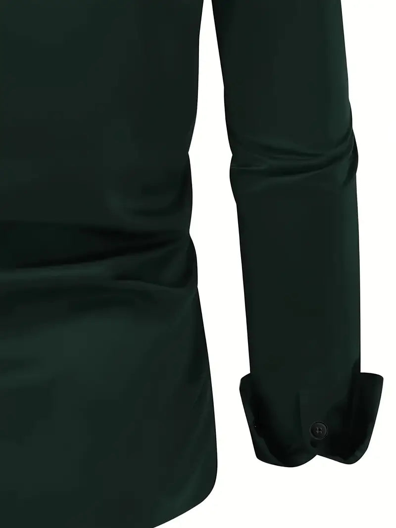 "Chemise formelle verte unie pour homme, coupe moderne, col à revers, tissu semi-transparent, élégante pour occasions profess