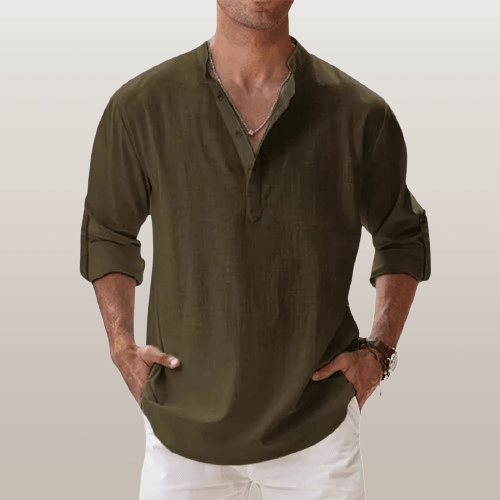 Chemise Henley homme en lin mélangé, manches longues, style décontracté, idéale pour l'été, souple et respirante.