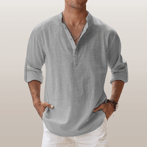 Chemise Henley homme en lin mélangé, manches longues, style décontracté, idéale pour l'été, souple et respirante.