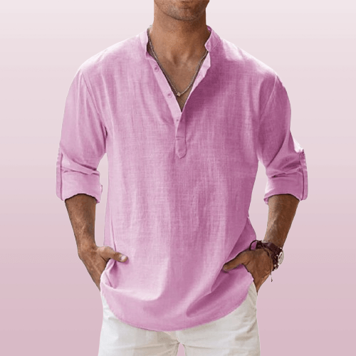 Chemise Henley homme en lin mélangé, manches longues, style décontracté, idéale pour l'été, souple et respirante.
