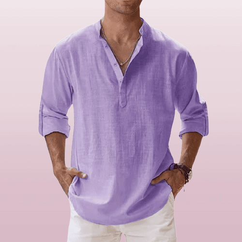 Chemise Henley homme en lin mélangé, manches longues, style décontracté, idéale pour l'été, souple et respirante.