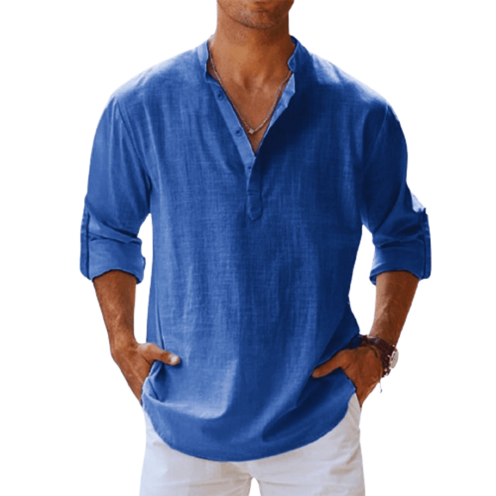 Chemise Henley homme en lin mélangé, manches longues, style décontracté, idéale pour l'été, souple et respirante.