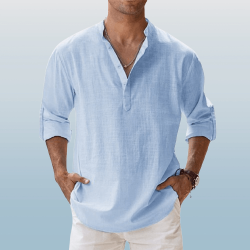 Chemise Henley homme en lin mélangé, manches longues, style décontracté, idéale pour l'été, souple et respirante.
