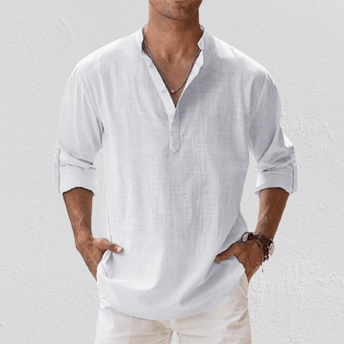 Chemise Henley homme en lin mélangé, manches longues, style décontracté, idéale pour l'été, souple et respirante.