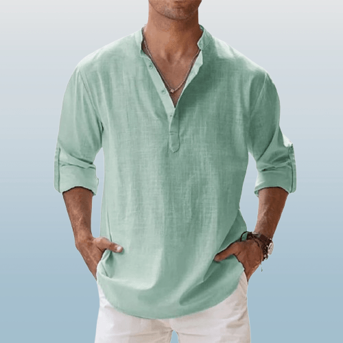 Chemise Henley homme en lin mélangé, manches longues, style décontracté, idéale pour l'été, souple et respirante.
