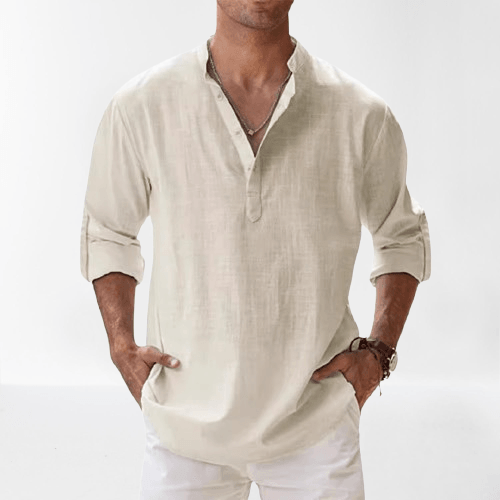 Chemise Henley homme en lin mélangé, manches longues, style décontracté, idéale pour l'été, souple et respirante.