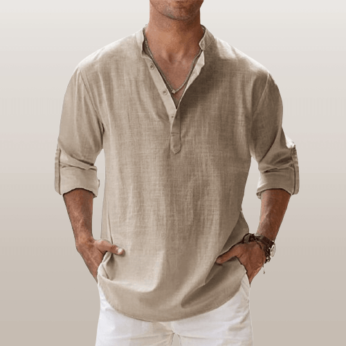 Chemise Henley homme en lin mélangé, manches longues, style décontracté, idéale pour l'été, souple et respirante.
