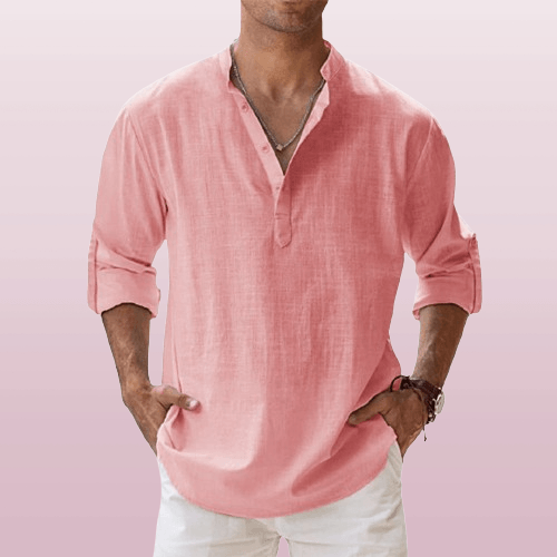 Chemise Henley homme en lin mélangé, manches longues, style décontracté, idéale pour l'été, souple et respirante.