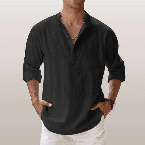 Chemise Henley homme en lin mélangé, manches longues, style décontracté, idéale pour l'été, souple et respirante.