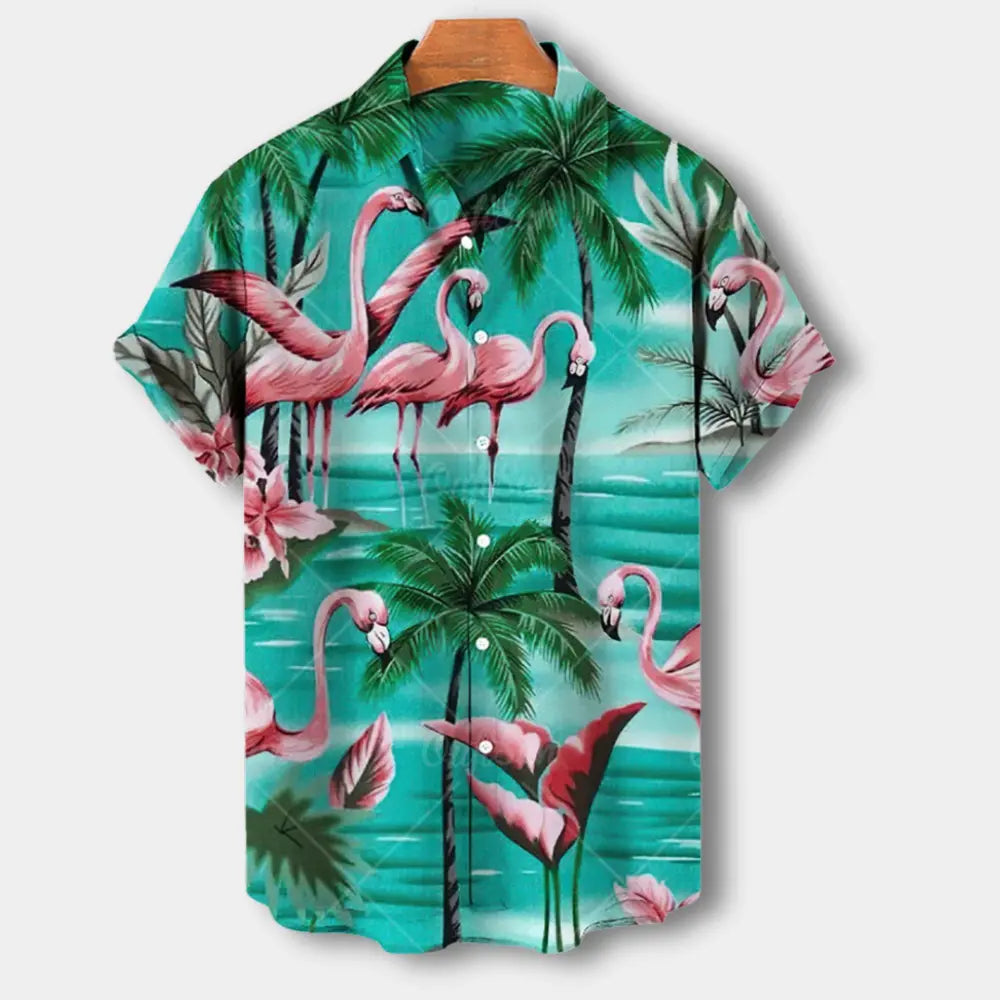 "Chemise homme à manches courtes avec motif floral vibrant, coupe décontractée et col souple pour look estival chic."