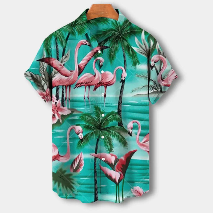 "Chemise homme à manches courtes avec motif floral vibrant, coupe décontractée et col souple pour look estival chic."