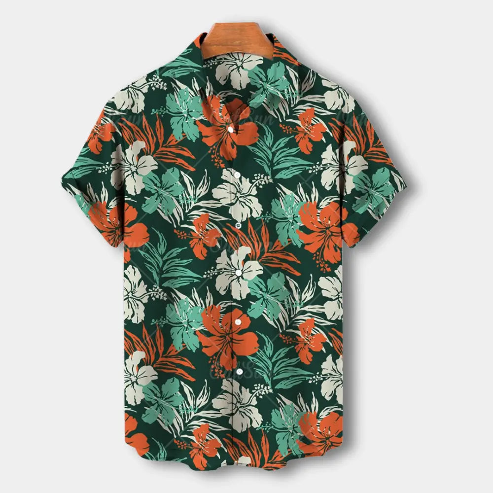"Chemise homme à manches courtes avec motif floral vibrant, coupe décontractée et col souple pour look estival chic."