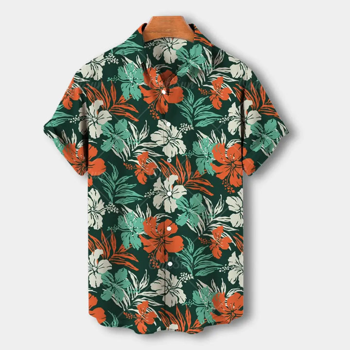 "Chemise homme à manches courtes avec motif floral vibrant, coupe décontractée et col souple pour look estival chic."