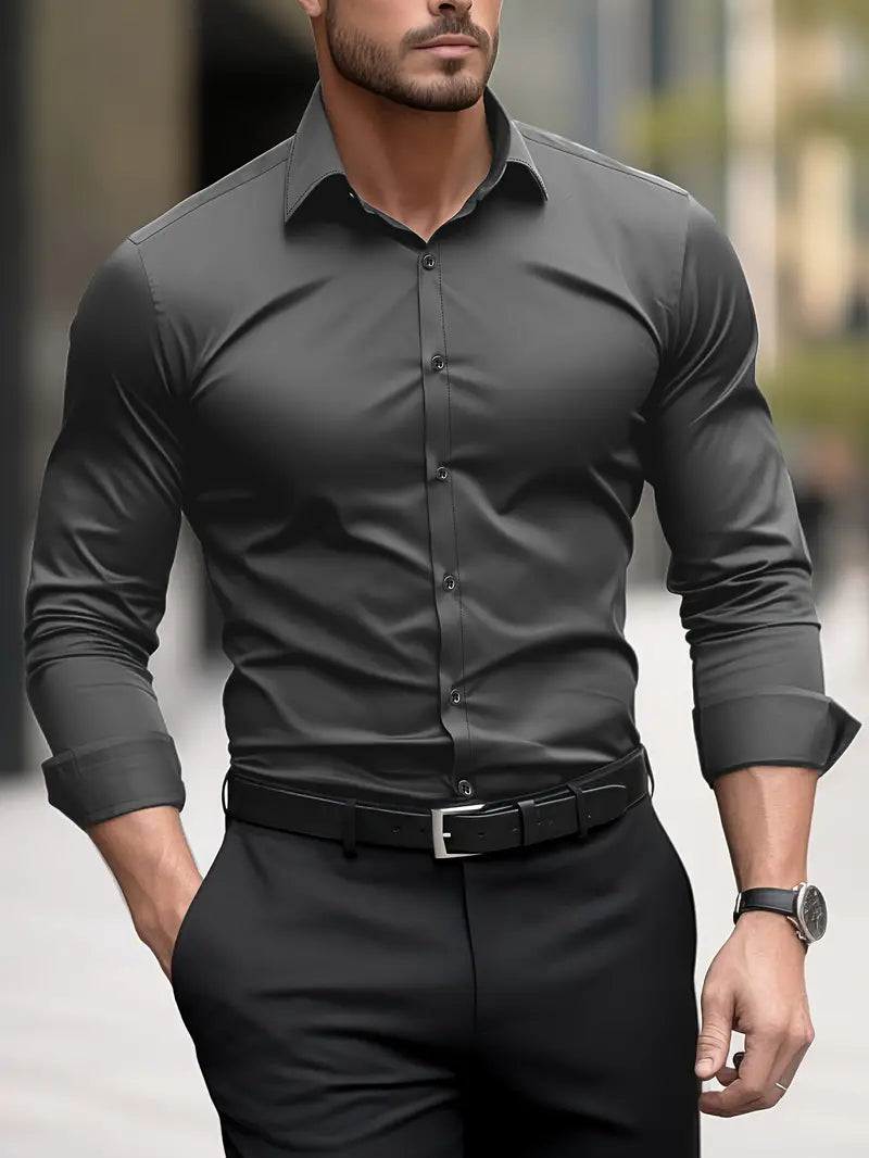 "Chemise homme classique élégante, design moderne, en tissu doux, couleurs noir, gris foncé, rouge, pour toutes occasions"