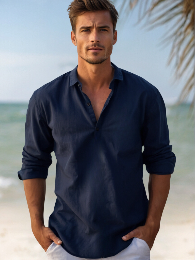 "Chemise homme col ouvert décontractée navy bleu élégante, coupe fluide pour style estival chic et confortable"