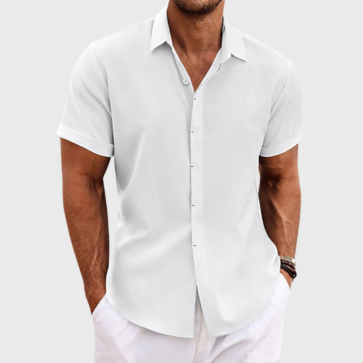 Chemise homme manches courtes, style décontracté, design moderne, coton et lin, parfaite pour été, légère et élégante.