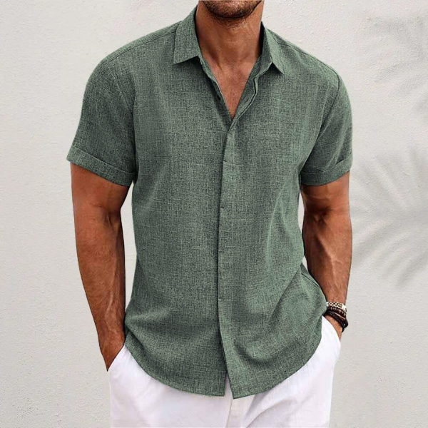 Chemise homme manches courtes, style décontracté, design moderne, coton et lin, parfaite pour été, légère et élégante.
