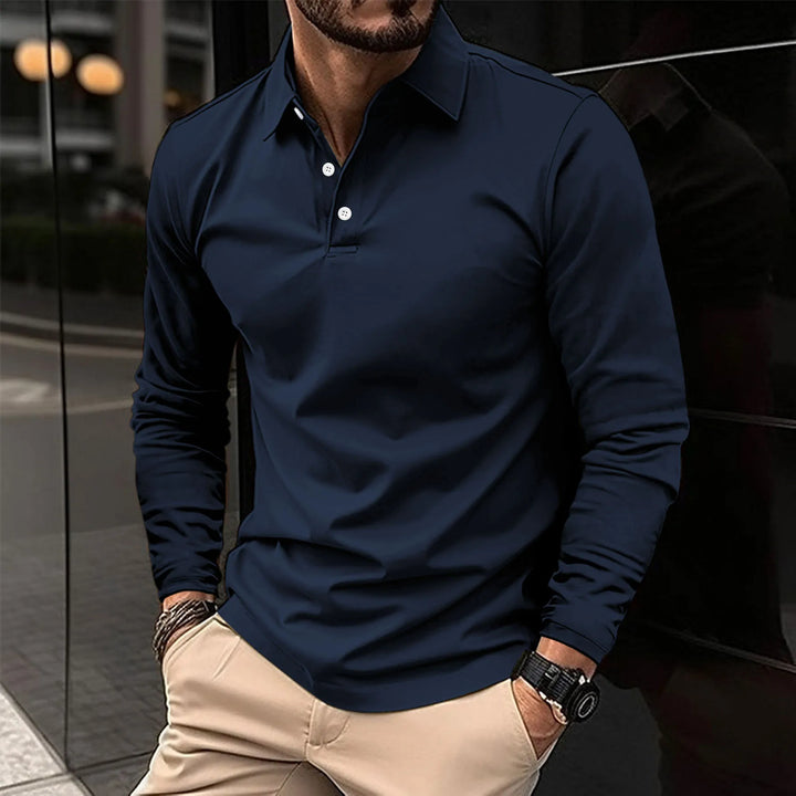 Chemise polo jean homme manches longues, élégante et décontractée, coupe ajustée, tissu bleu respirant, idéale style versatil