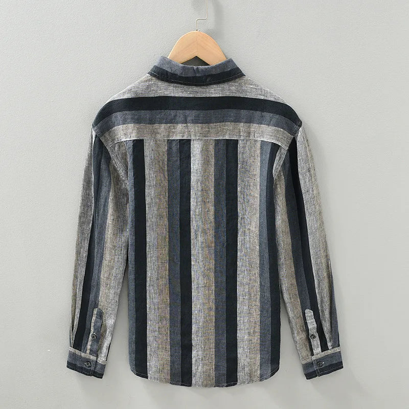 "Chemise rayée élégante en lin pour hommes, manches longues, bleu et kaki, tissu léger et respirant."