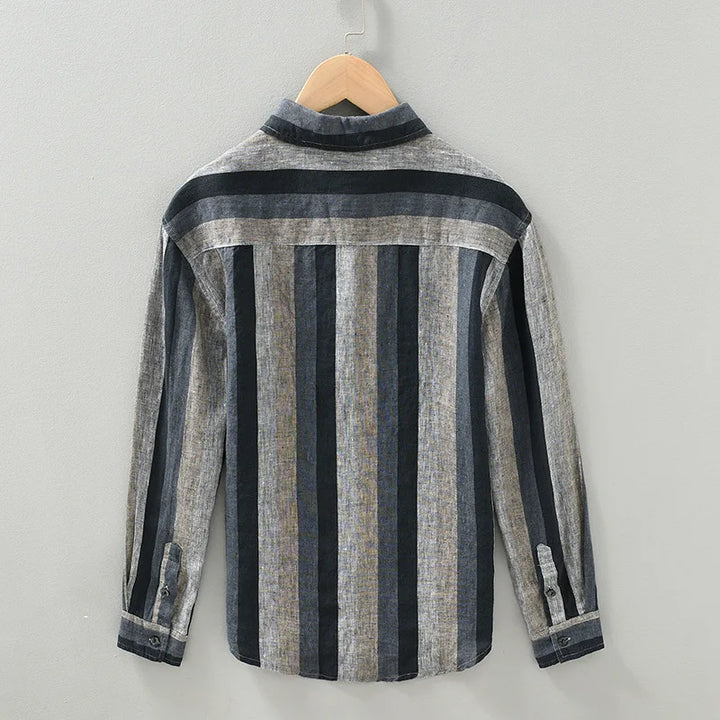 "Chemise rayée élégante en lin pour hommes, manches longues, bleu et kaki, tissu léger et respirant."