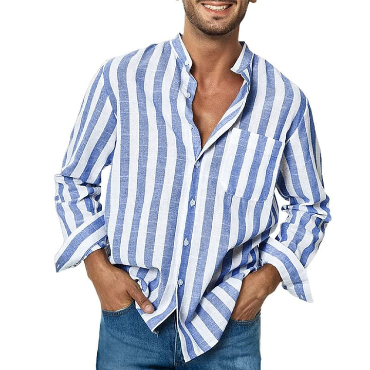 "Chemise rayée en coton pour homme, manches longues, bleu et blanc, style décontracté chic, idéale bureau et sorties"