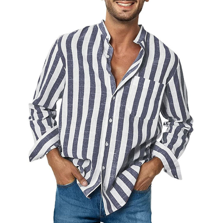 "Chemise rayée en coton pour homme, manches longues, bleu et blanc, style décontracté chic, idéale bureau et sorties"