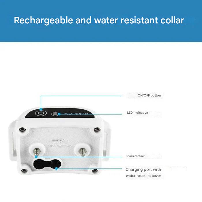 "Clôture sans fil pour chiens avec technologie invisible, résistante aux intempéries et support d'entraînement intégré."