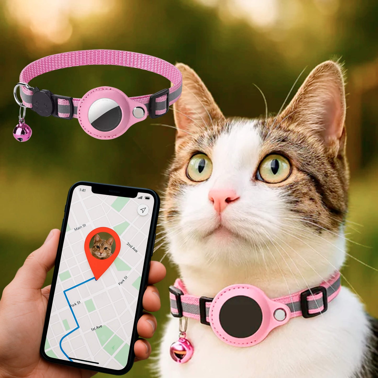 "Collier GPS pour chats, nylon, réfléchissant, fermeture rapide, confortable, visibilité optimale nuit, aventures sécurisées.
