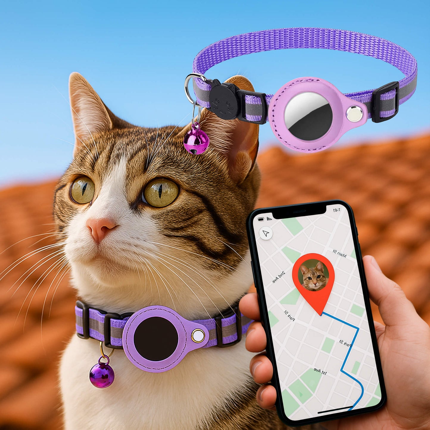 "Collier GPS pour chats, nylon, réfléchissant, fermeture rapide, confortable, visibilité optimale nuit, aventures sécurisées.