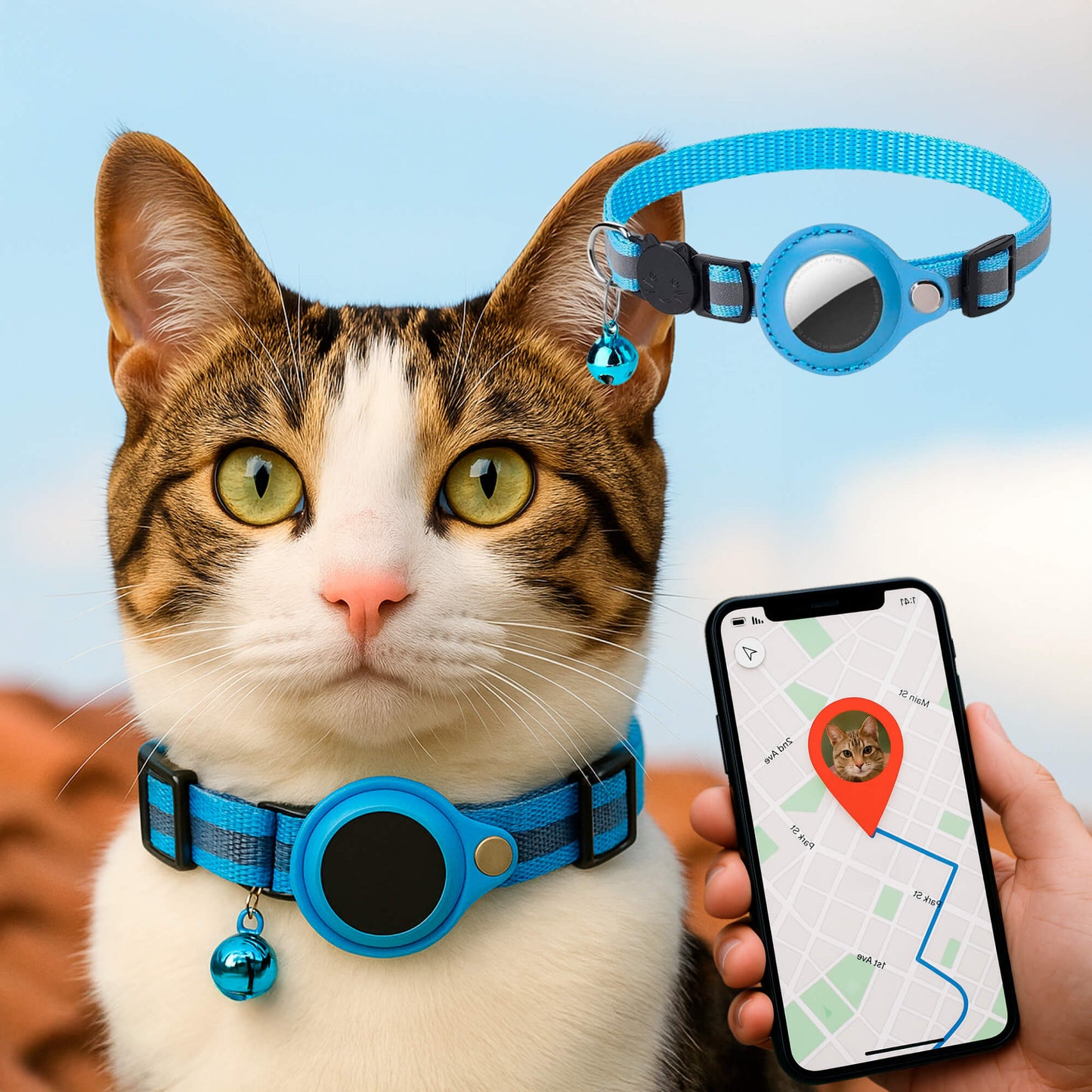 "Collier GPS pour chats, nylon, réfléchissant, fermeture rapide, confortable, visibilité optimale nuit, aventures sécurisées.