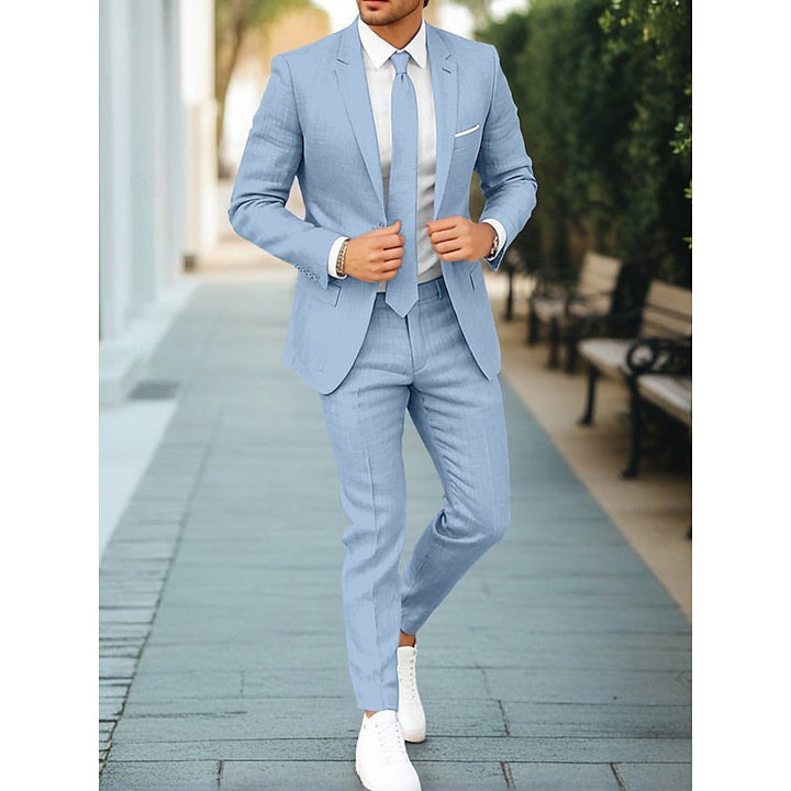 "Costume décontracté 2 pièces homme: veste et pantalon élégants, tissu léger beige, bleu, gris-bleu, parfait pour les événeme